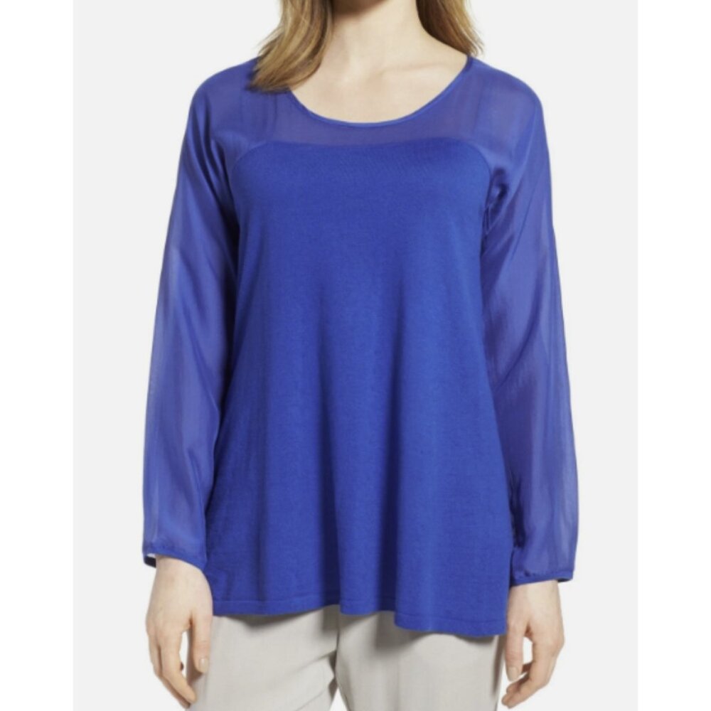 Eileen Fisher Scoop Neck Cotton Knit & Silk Long Sleeve Top Size S/P Blue NWT
